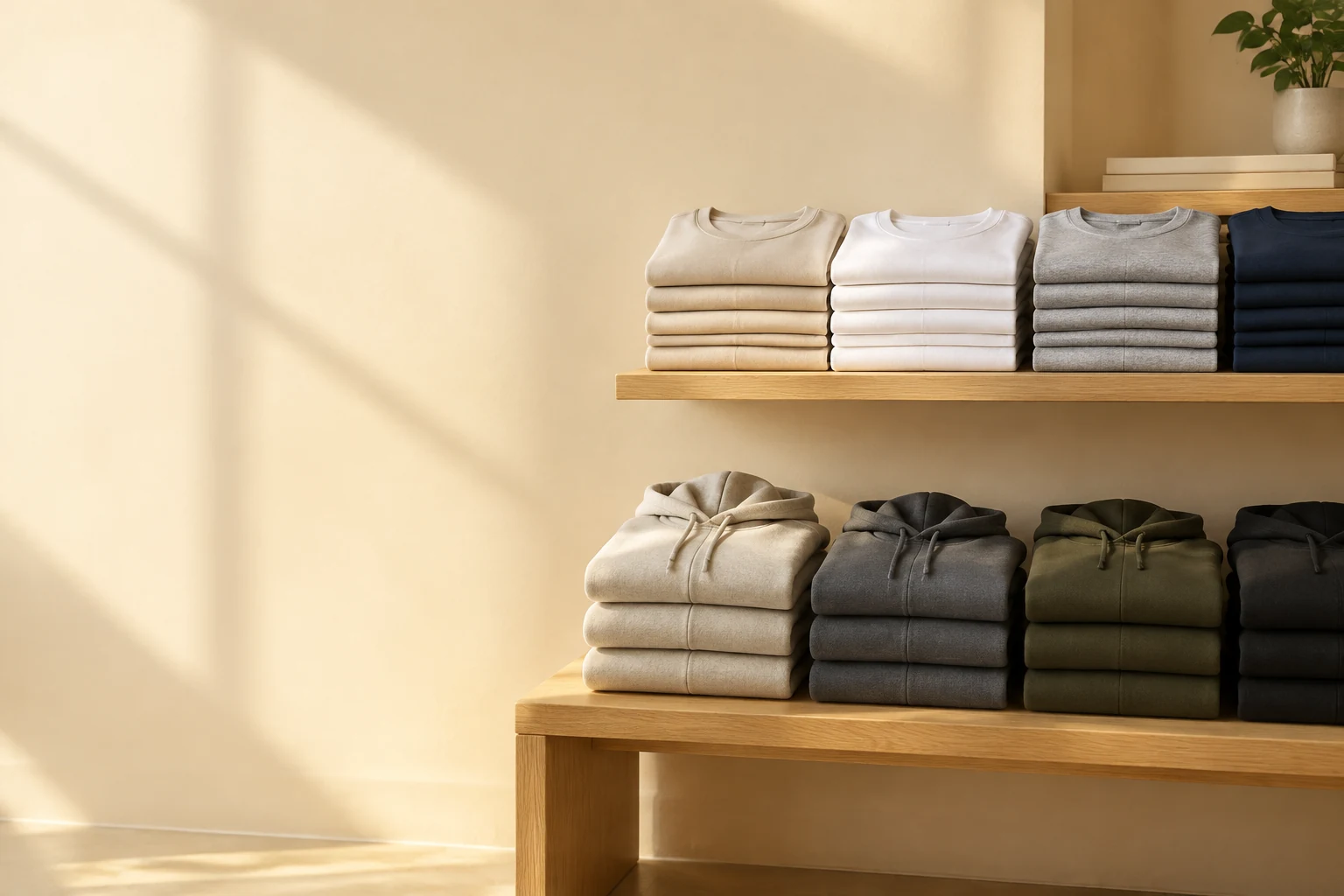 Folded tees and hoodies in oat, grey marl, navy and charcoal stacked on a pale oak shelf