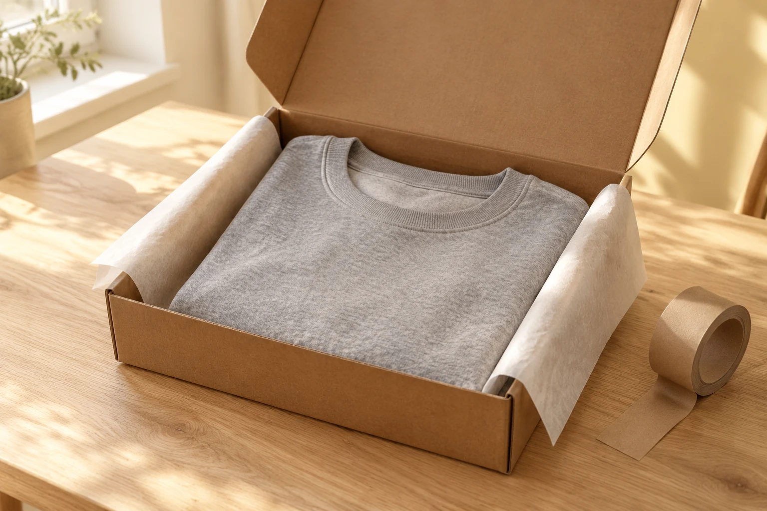 An open kraft mailer box holding a folded grey sweatshirt in tissue paper
