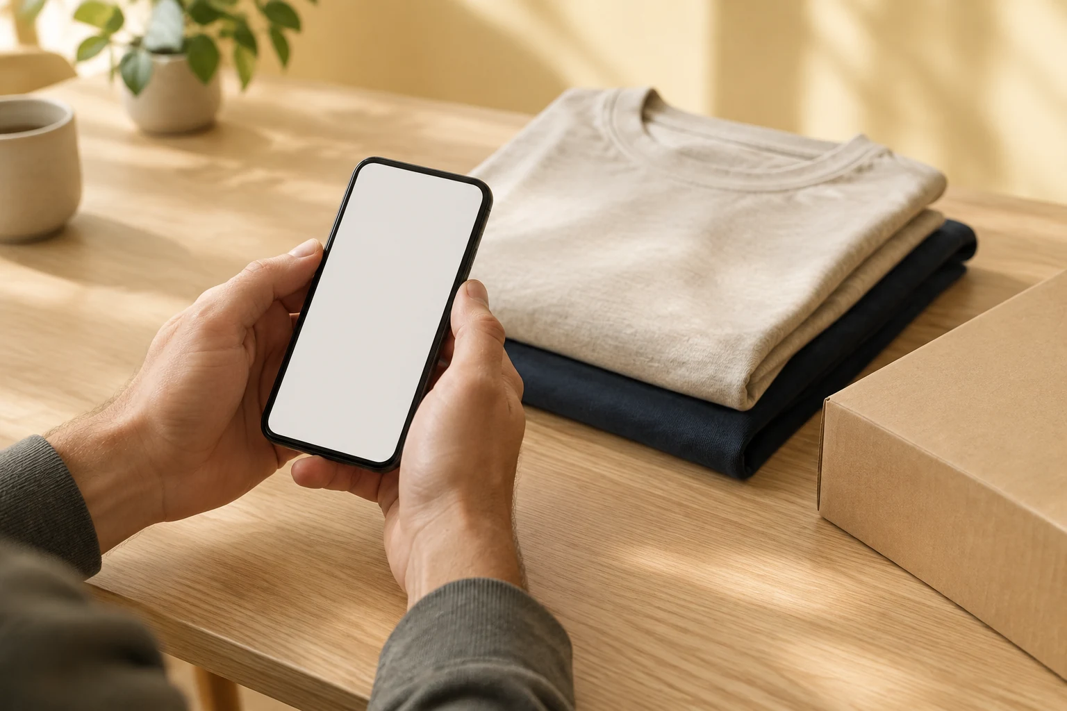 Hands holding a phone above a stack of folded t-shirts and a kraft parcel