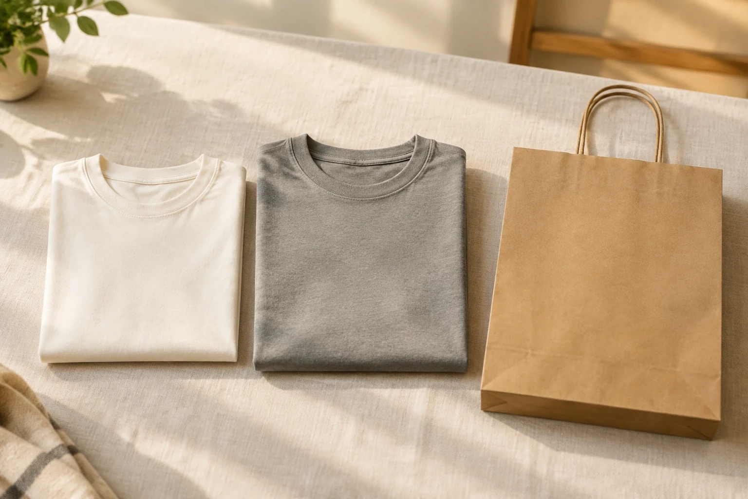 Two folded t-shirts of different sizes next to an empty kraft paper bag