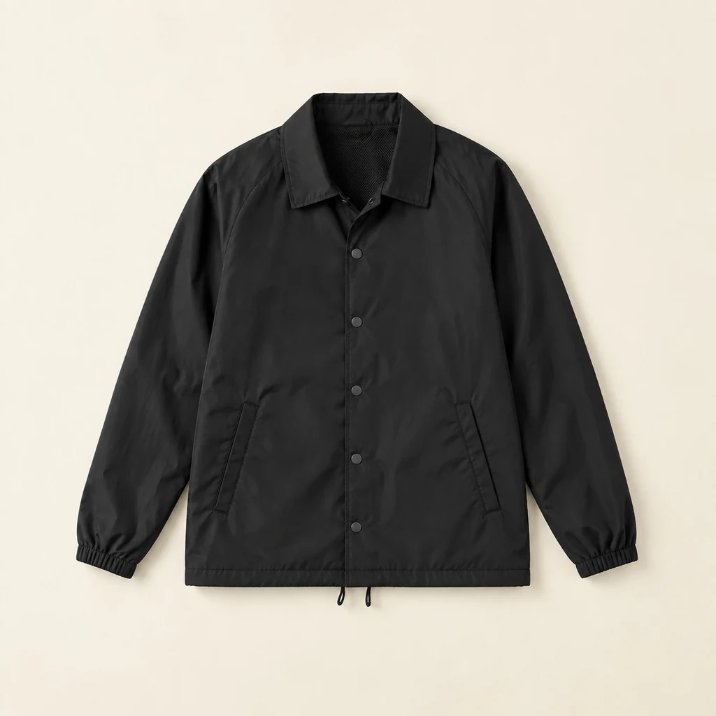 Black lightweight coach jacket with a popper front laid flat