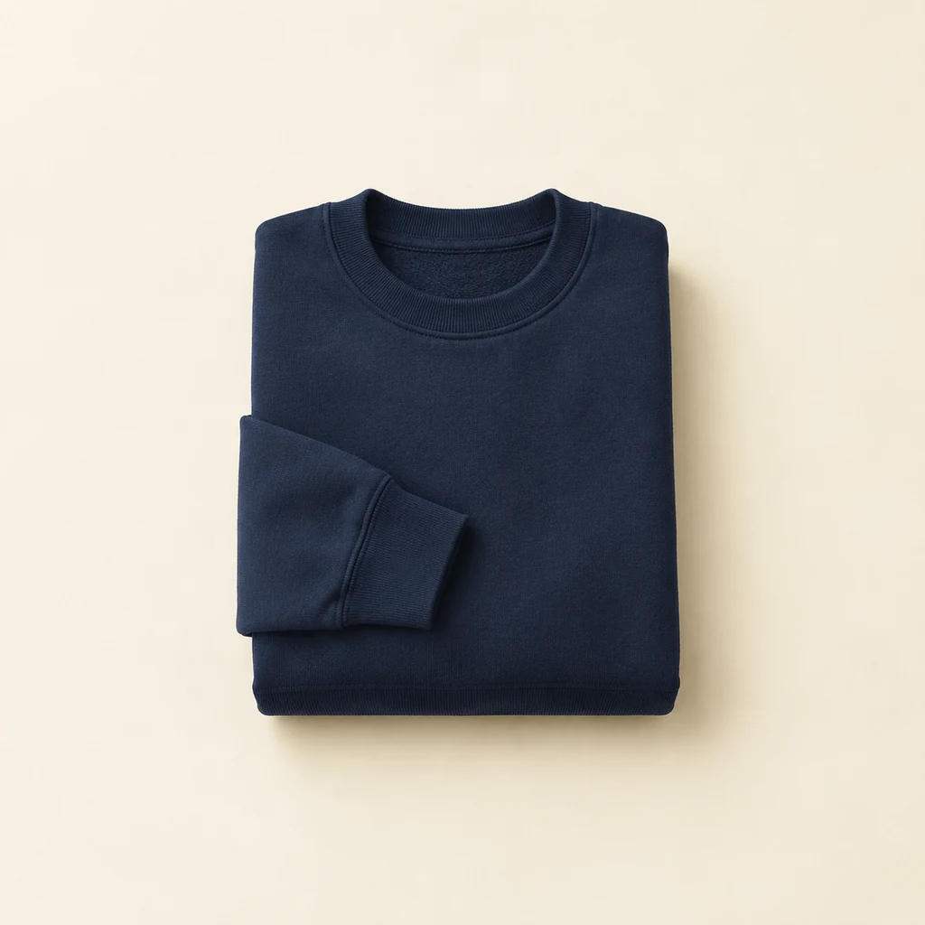 Folded navy crew-neck sweatshirt with ribbed cuffs