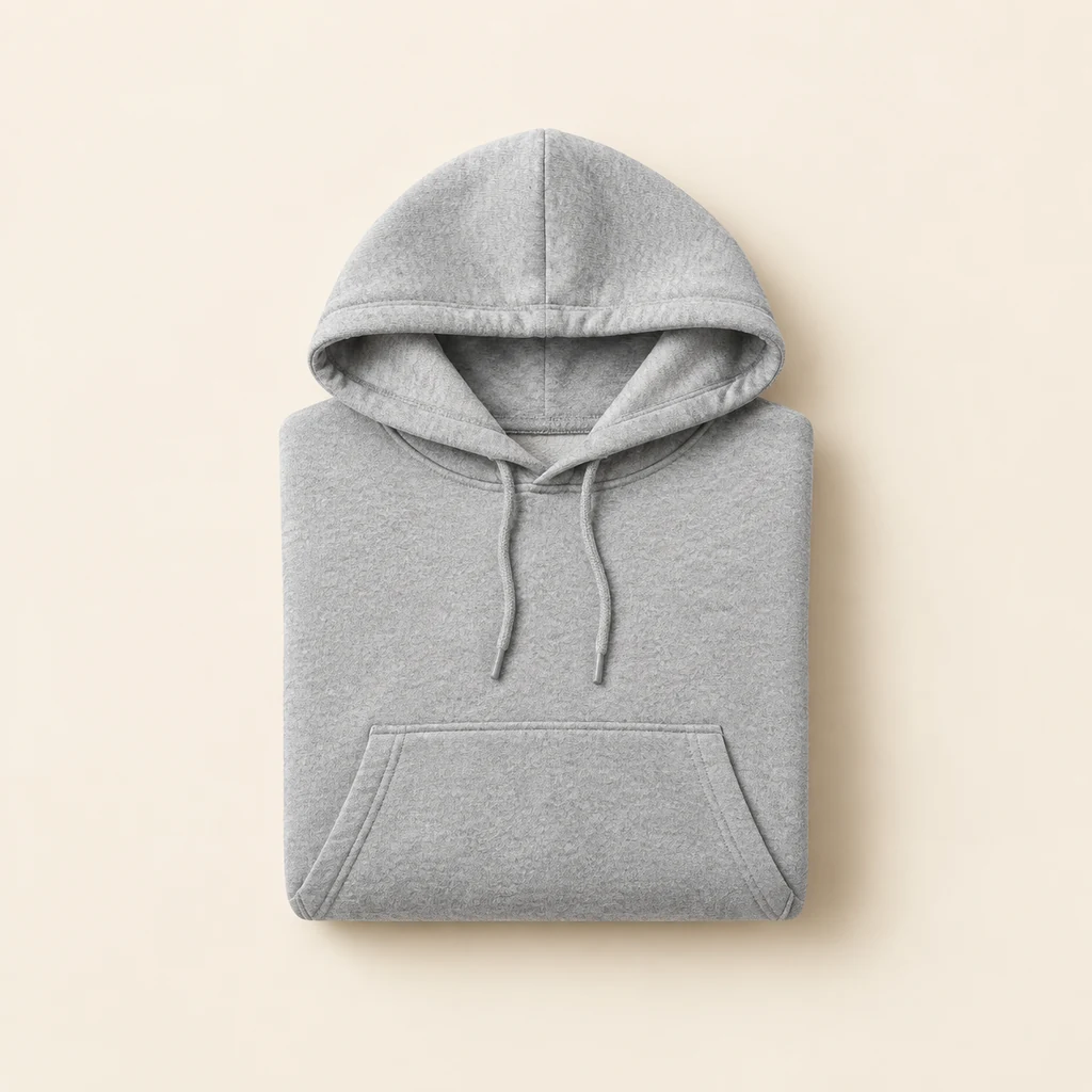 Folded grey marl loopback hoodie with a double-lined hood