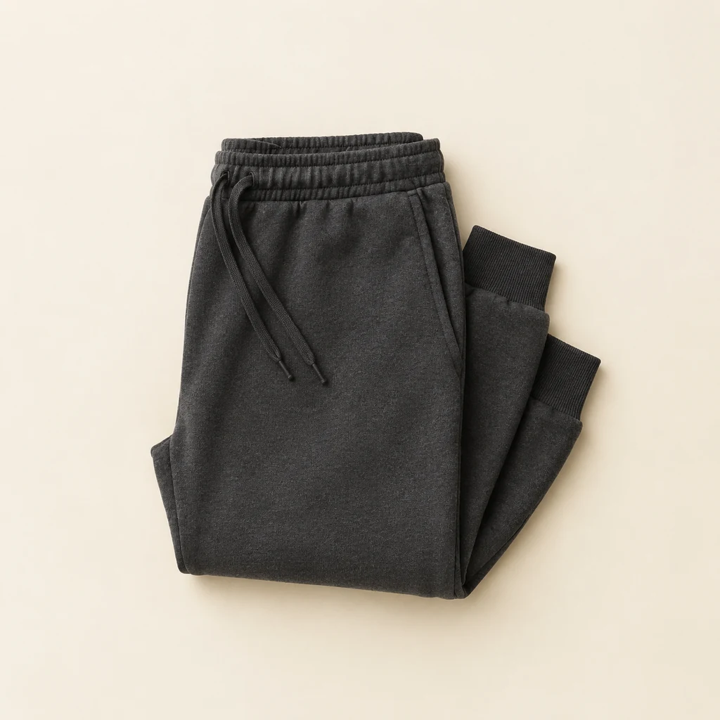 Folded charcoal tapered joggers with a drawcord waist and cuffed ankles