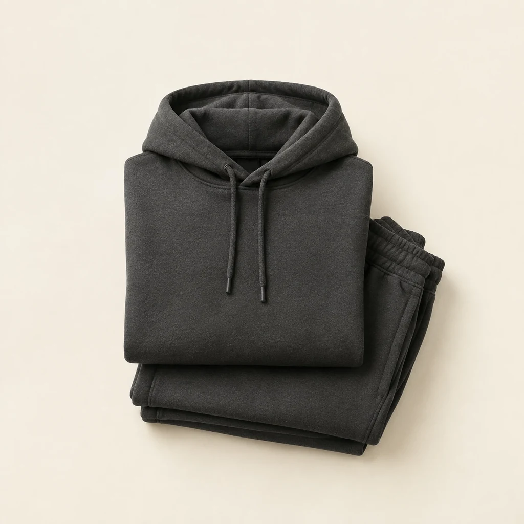 Charcoal hoodie folded on top of matching charcoal joggers
