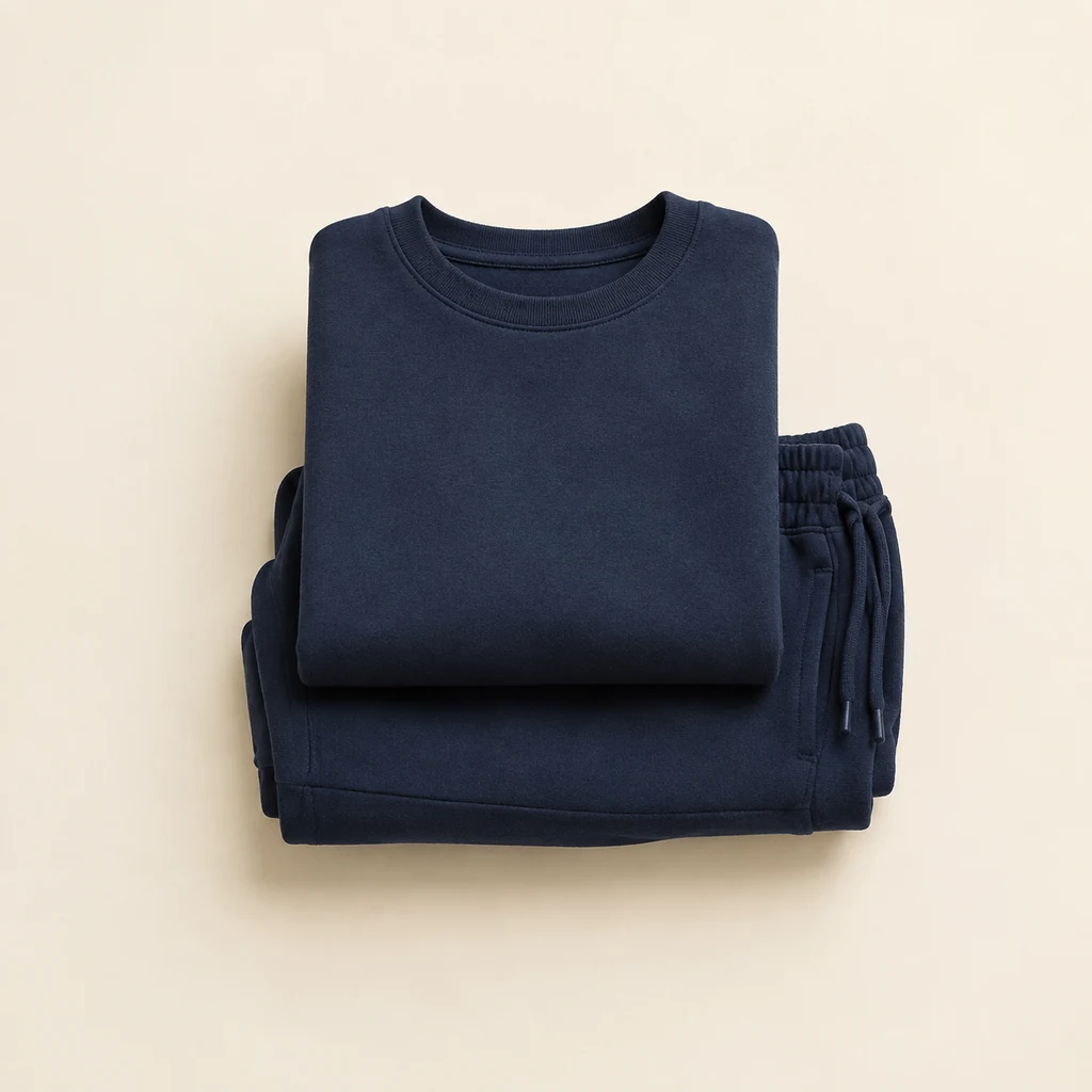 Navy crew sweatshirt folded on top of matching navy joggers