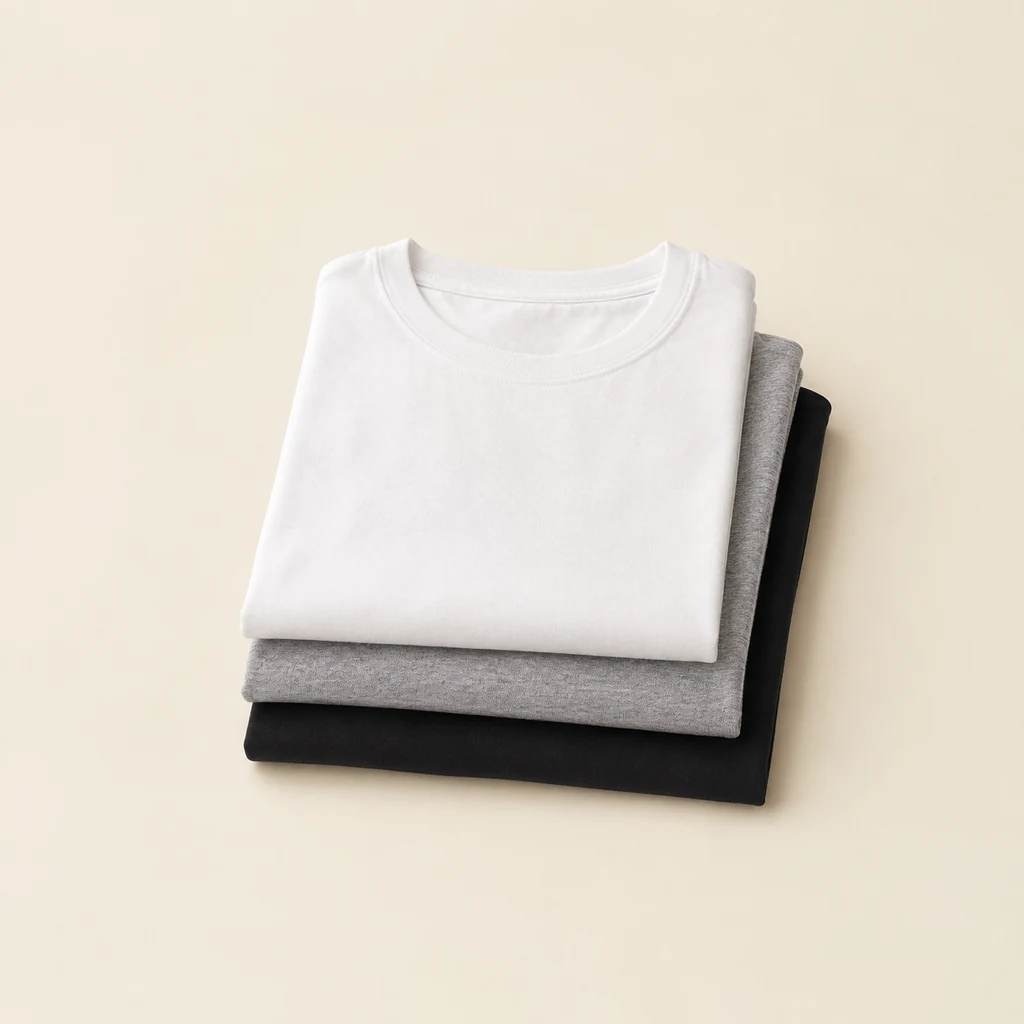 Three folded tees in white, grey marl and black
