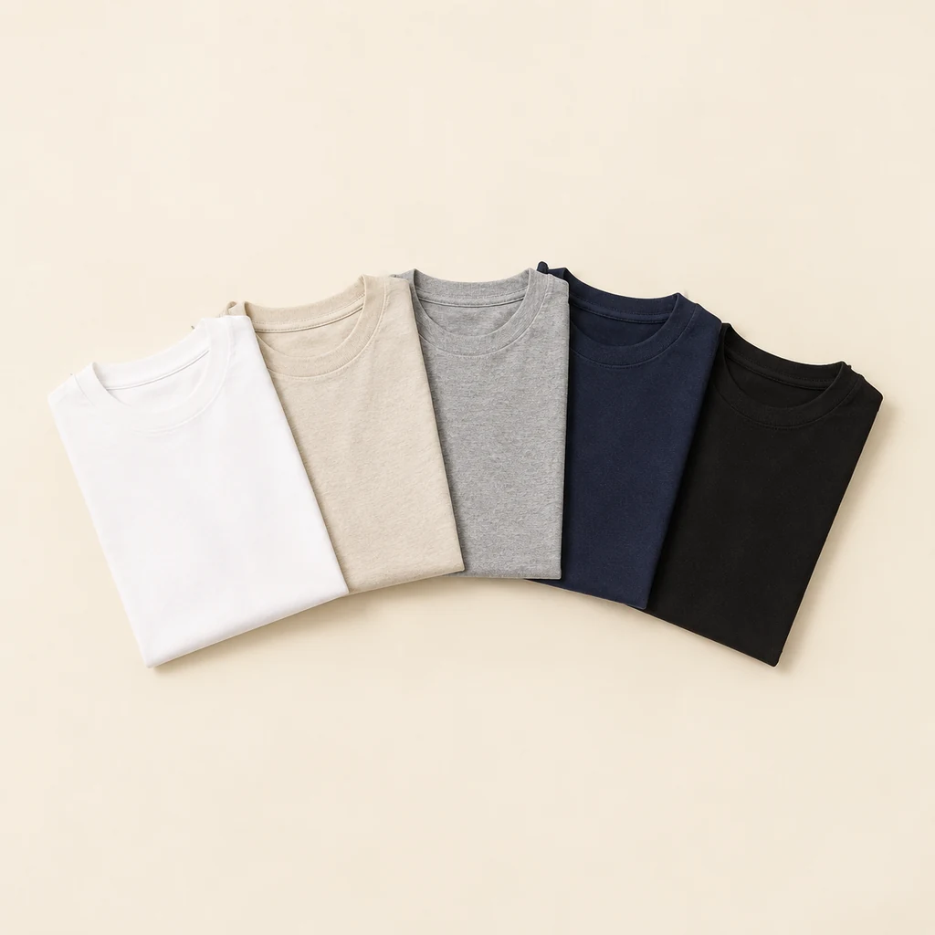 Five folded tees in white, oat, grey marl, navy and black