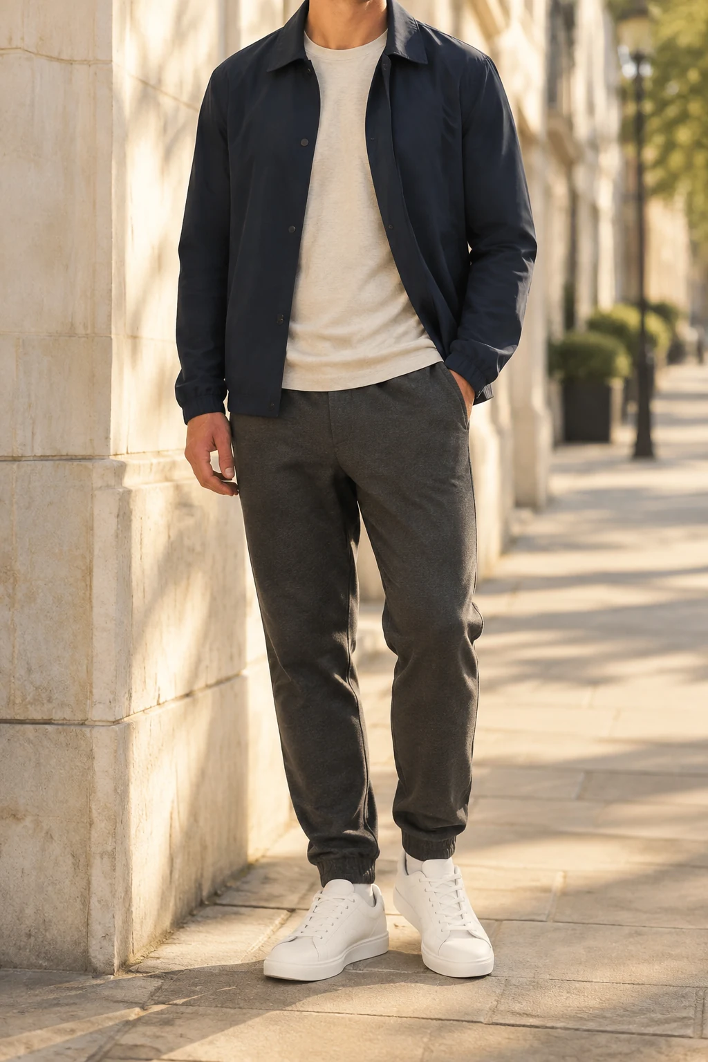 A man on a sunny city pavement in an oat tee, open navy coach jacket and charcoal joggers