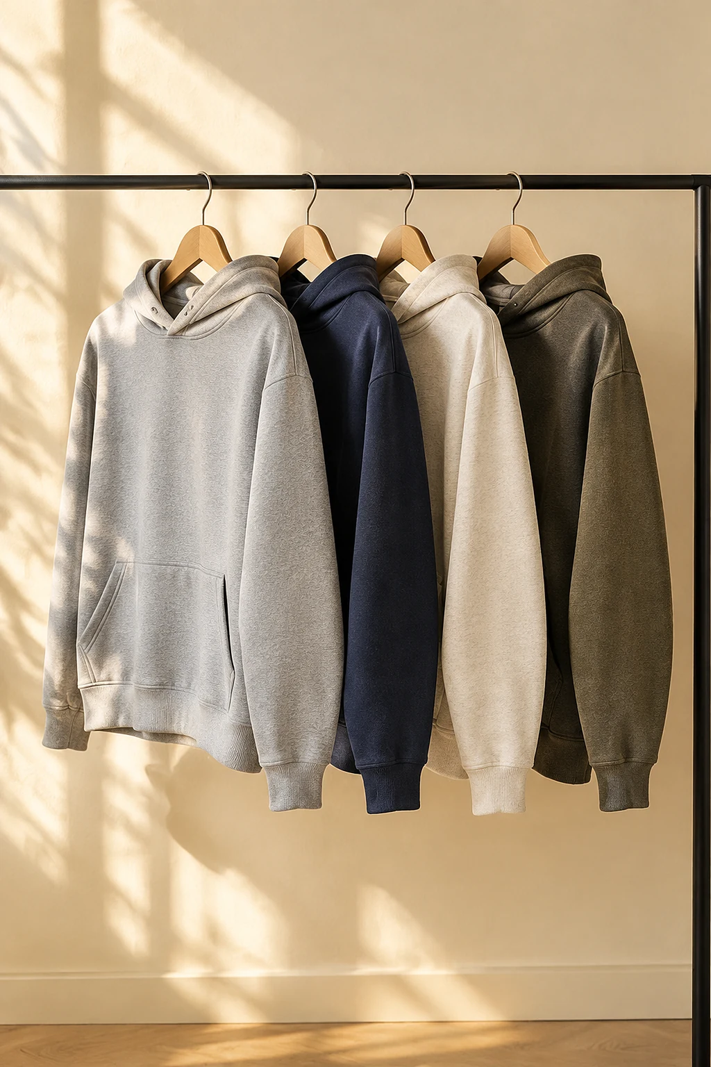 Plain hoodies and sweatshirts in neutral colours hanging on wooden hangers