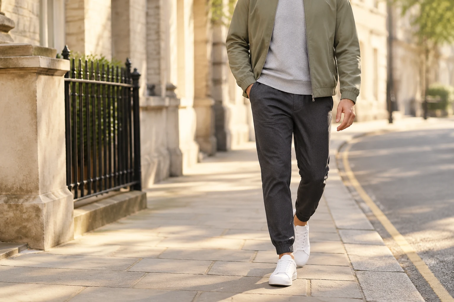 A man walking down a city street in charcoal joggers, a grey sweatshirt and a light olive jacket