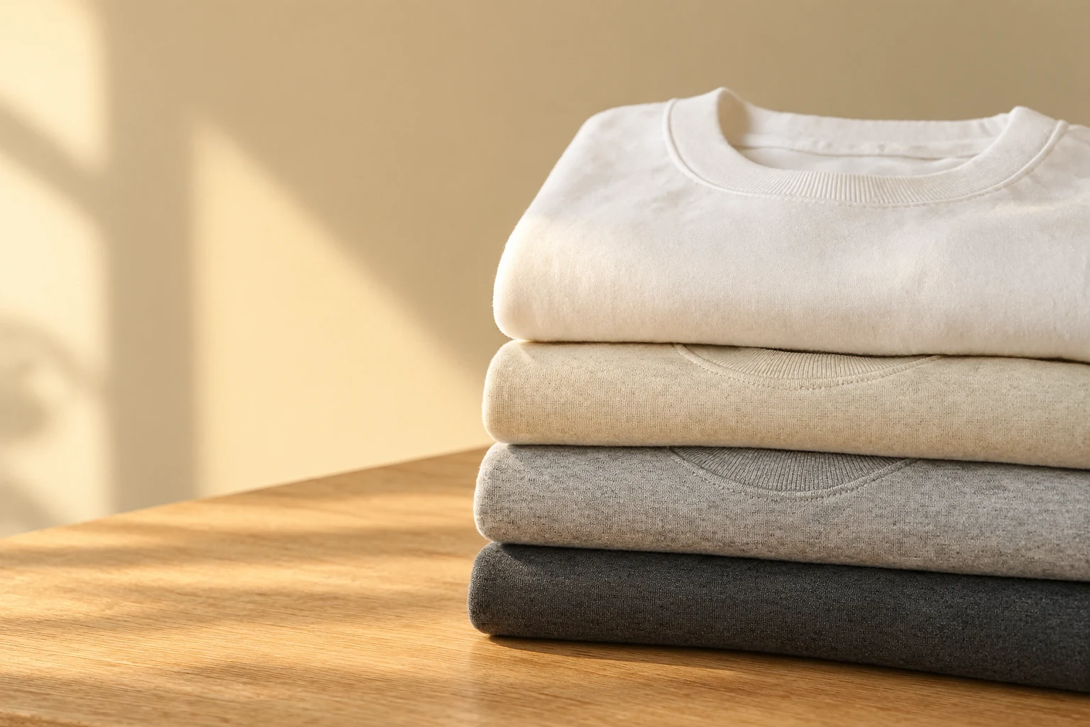 A stack of folded cotton t-shirts on a sunlit oak table